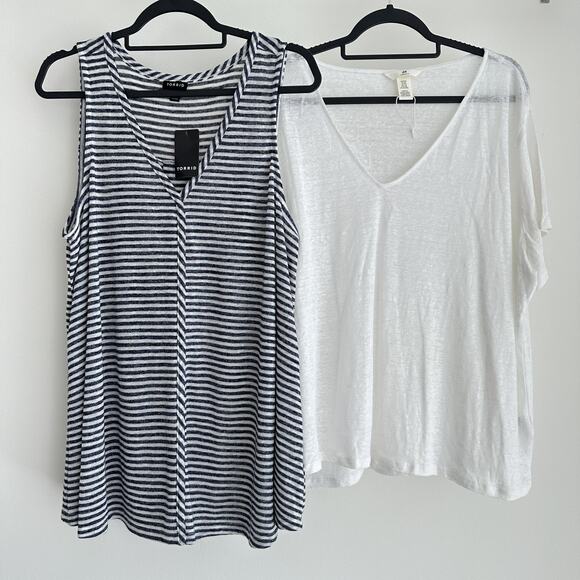 Torrid Tank H&M Top Lot of 2 XXL 2X Linen Blend Navy White Flowy Basic Minimalis - Picture 2 of 10